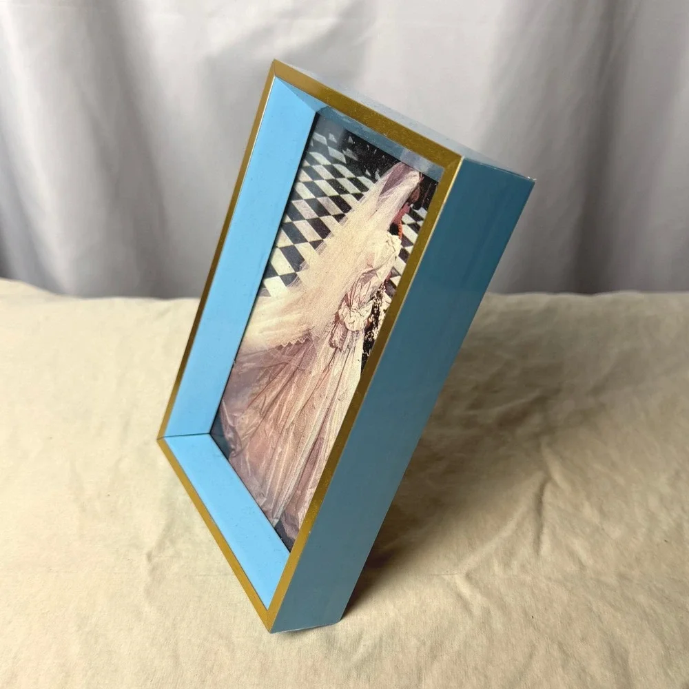 VTG Princess Diana Wedding Photo Gold Blue Frame Small 4x6 Tabletop Easel